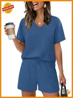 Women's 2 Piece Lounge Set - Short Sleeve V-Neck Top & Elastic Waist Shorts